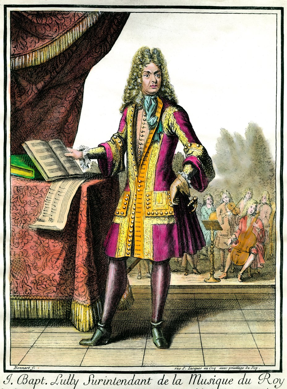 Ritratto a figura intera di Jean Baptiste Lully (Giovanni Battista Lulli) (1632-1687) Sovrintendente della Musica del Re. Incisione di Henri Bonnart da Henri Bonnart