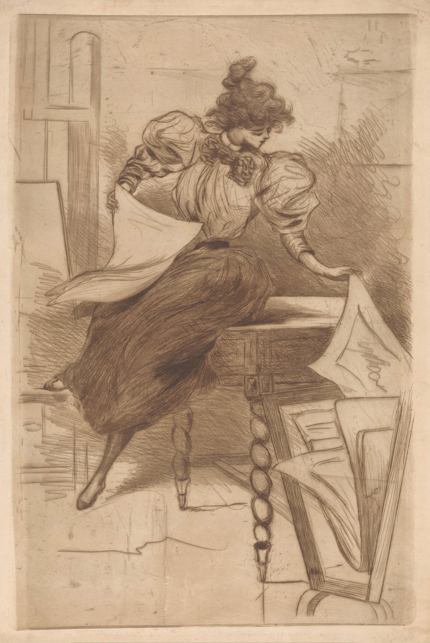 Donna che guarda stampe in un supporto per stampe da Henri Boutet (possibly)