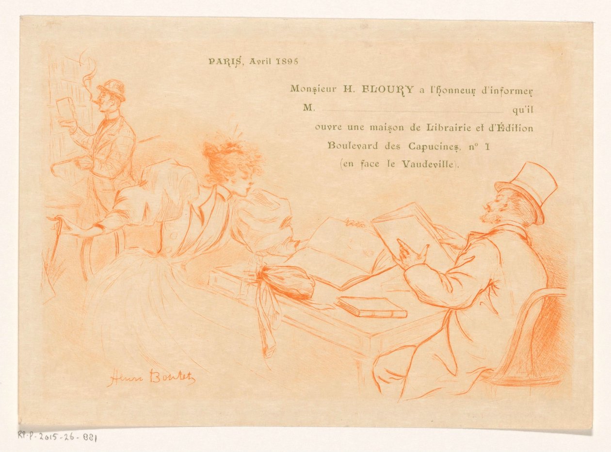 Annuncio della fondazione della libreria e casa editrice di Henry Floury a Parigi da Henri Boutet