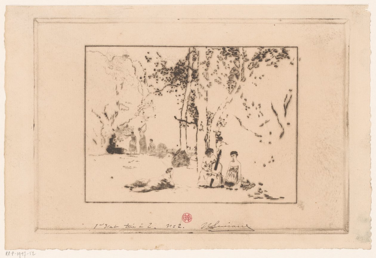 Donne che suonano sotto un albero da Henri Charles Guérard (signed by artist)