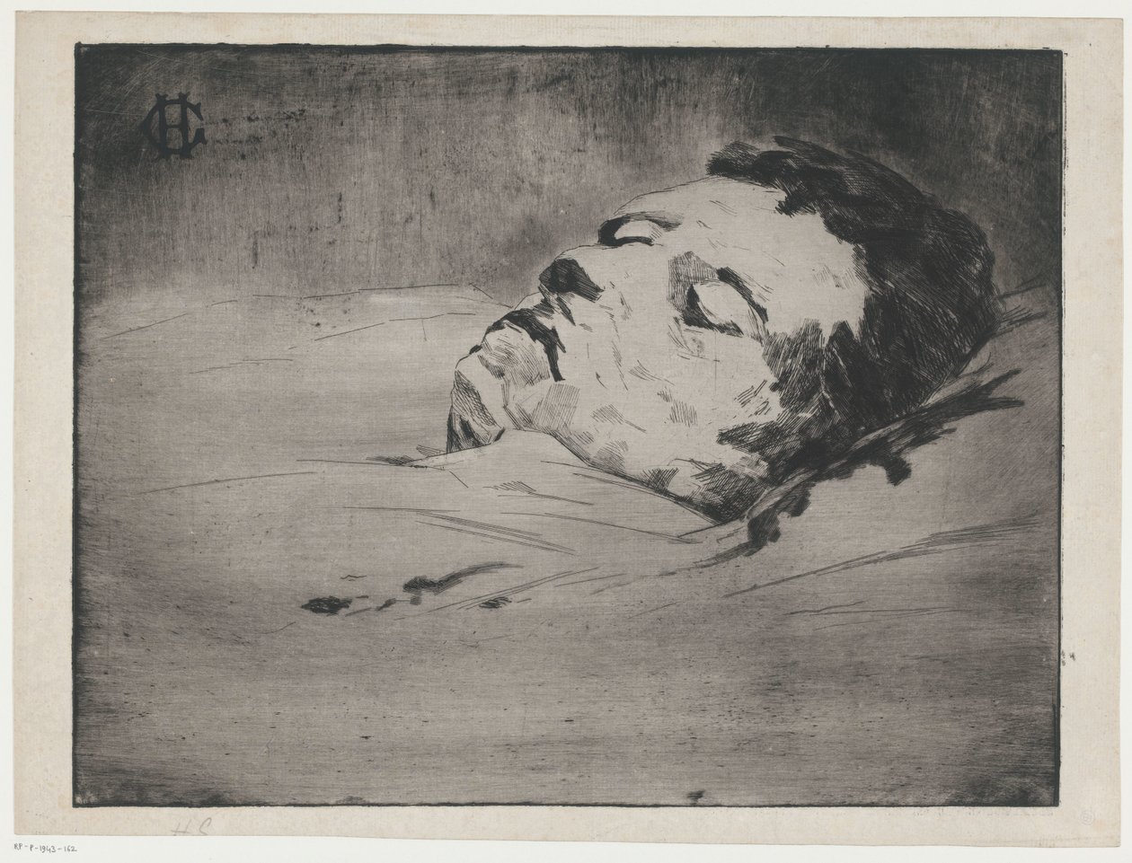 Ritratto di un uomo sconosciuto sul letto di morte da Henri Charles Guérard (signed by artist)
