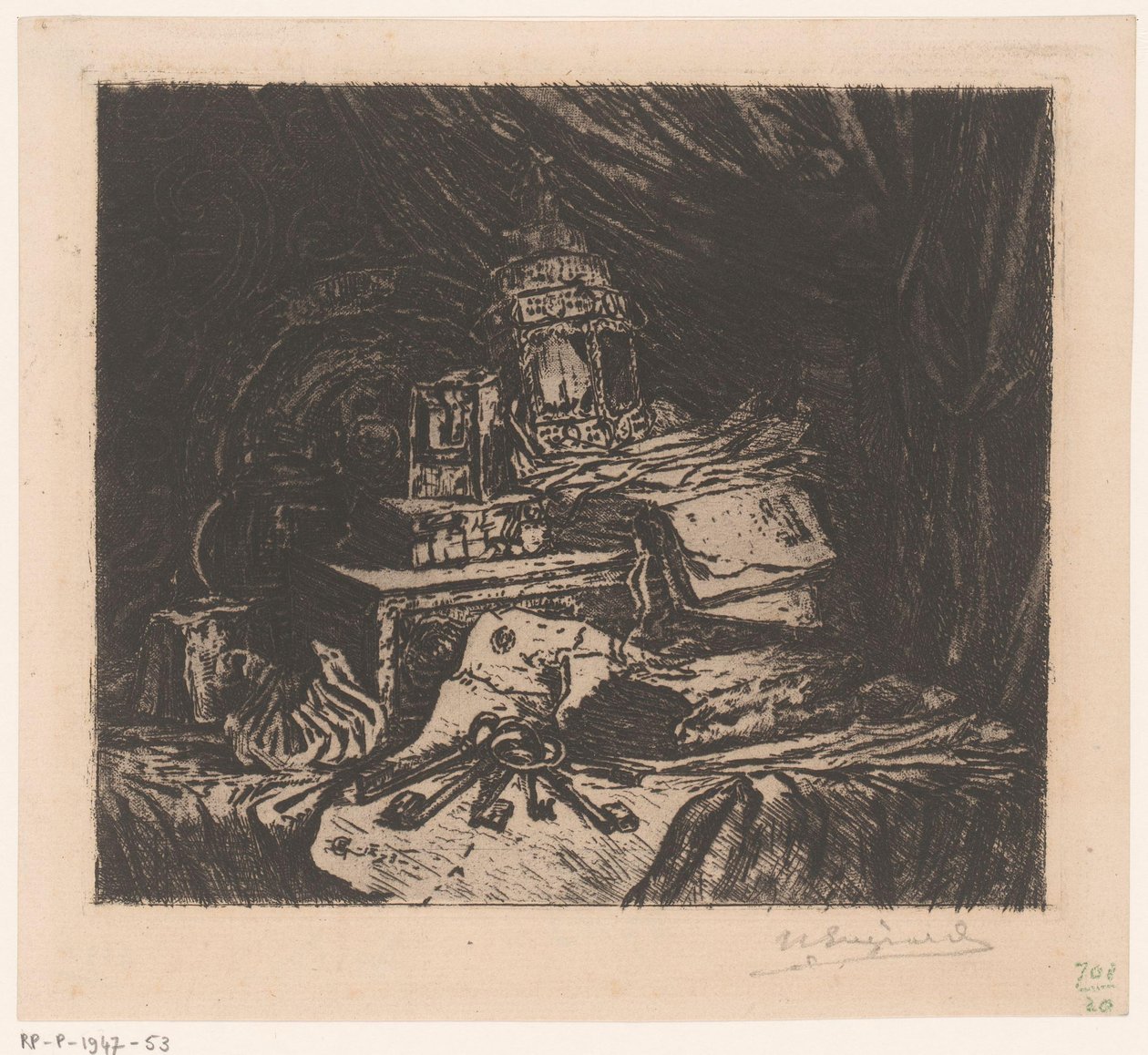 Natura morta con chiavi e lanterna da Henri Charles Guérard (signed by artist)