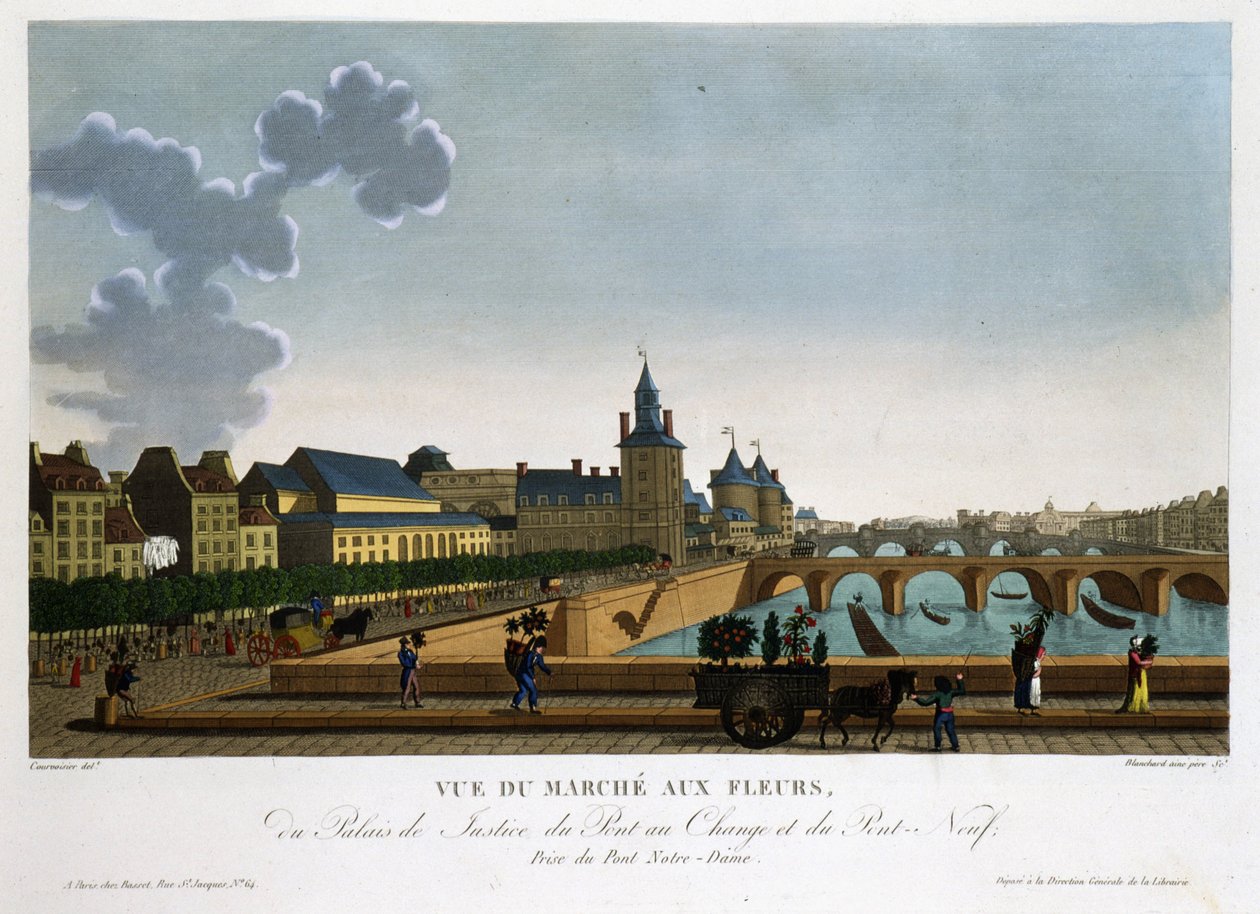 Vista del mercato dei fiori, ponte di scambio e nuovo ponte - in Vues de Paris di Courvoisier da Henri Courvoisier Voisin