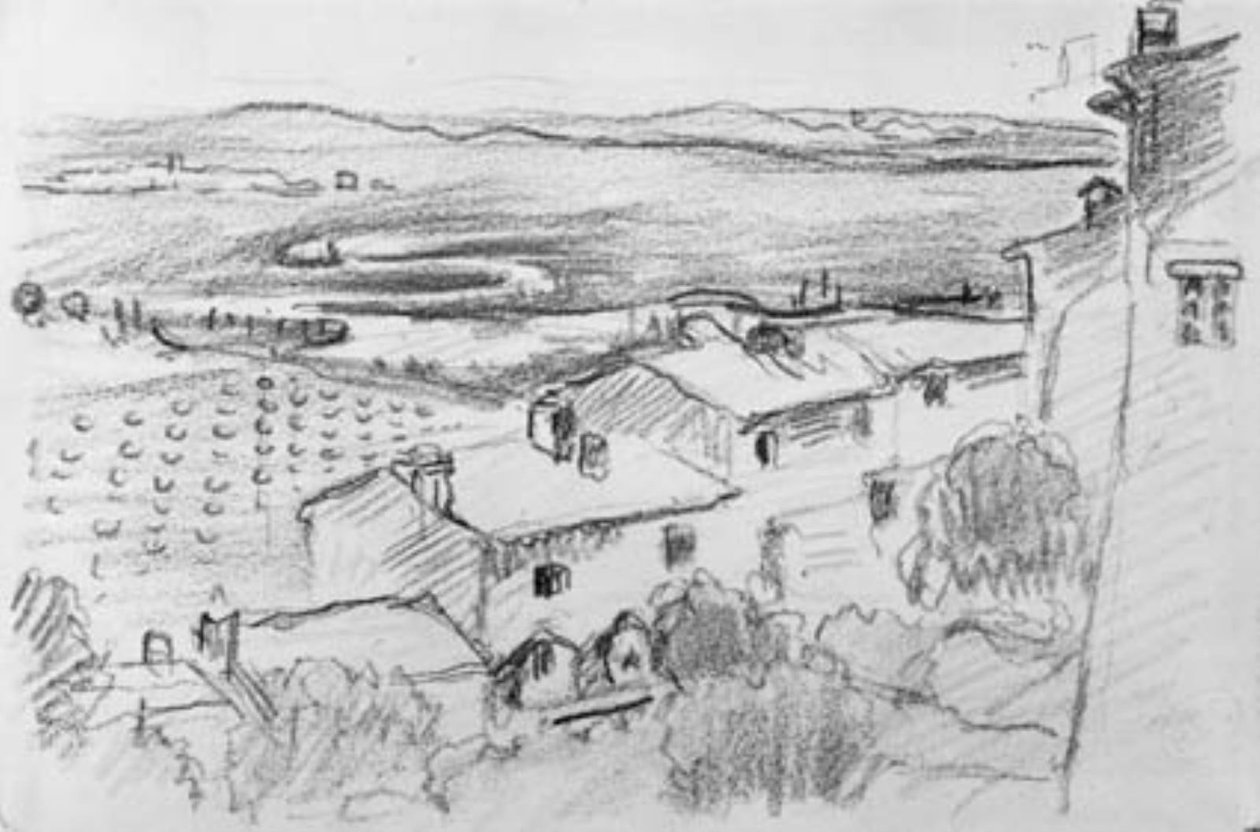 Vista da un villaggio su campi e prati verso il mare. Bormes-les-Mimosas da Henri Edmond Cross