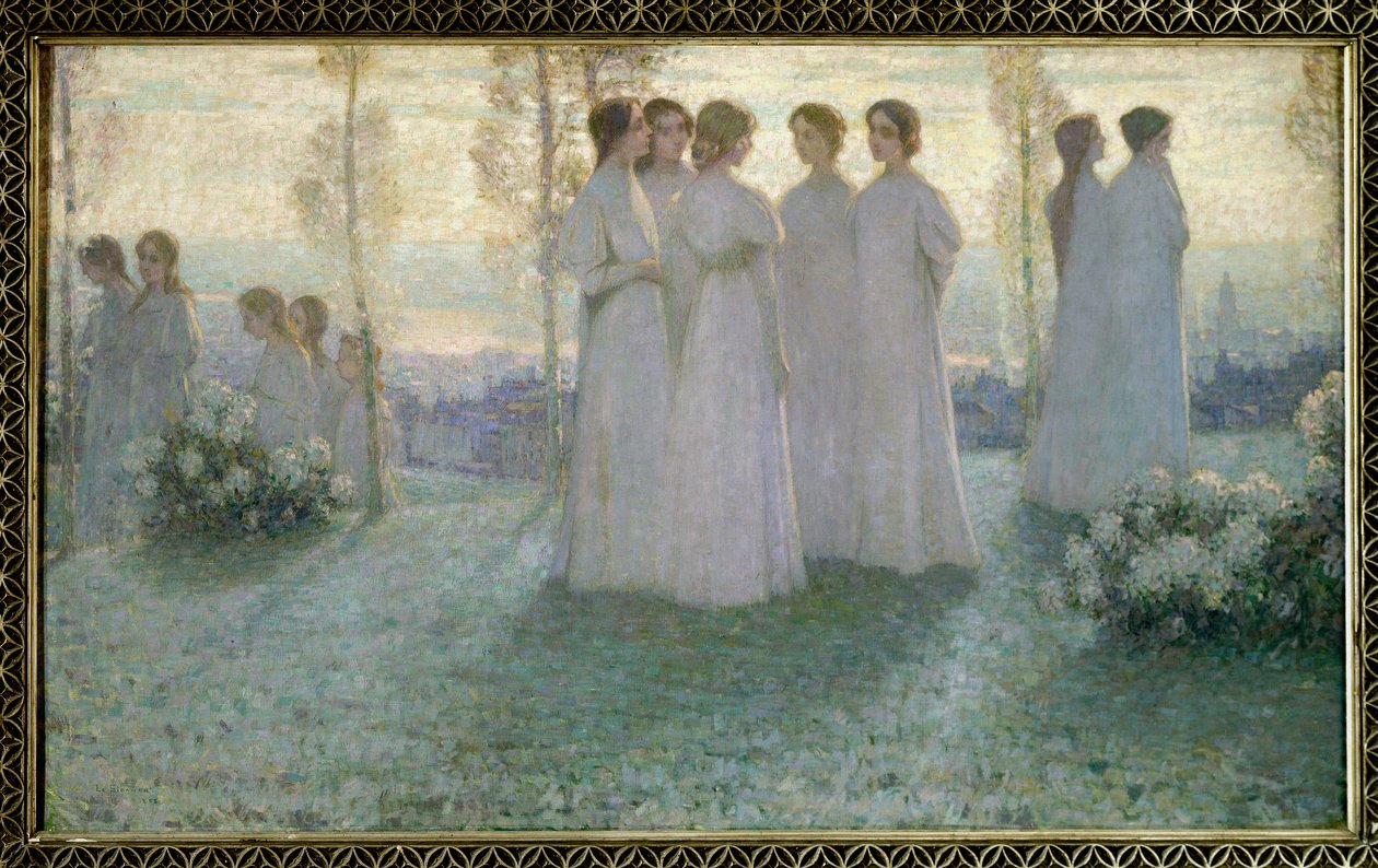 La domenica, donna vestita di bianco che parla in un giardino da Henri Eugene Augustin Le Sidaner