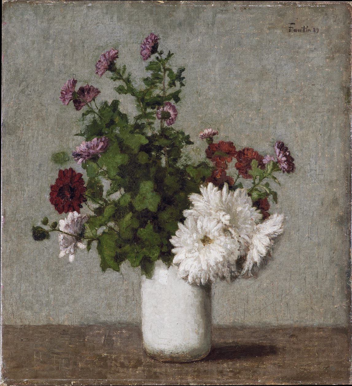 Natura morta floreale: crisantemi autunnali in un vaso bianco da Henri Fantin-Latour