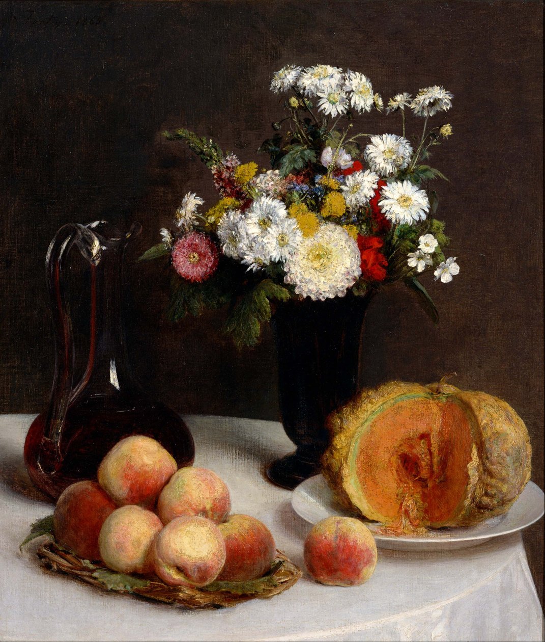 Natura morta con fiori, frutta e contenitori per il vino. da Henri Fantin-Latour