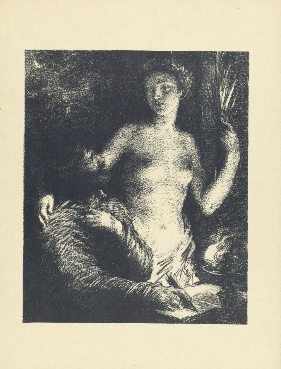 Uomo seduto con penna in mano e libro aperto e accanto a lui una donna nuda come musa o ispirazione da Ignace Henri Jean Fantin Latour