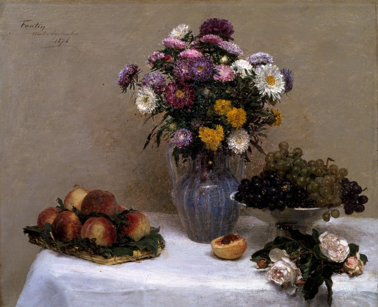 Rose bianche e crisantemi in un vaso da Ignace Henri Jean Fantin Latour