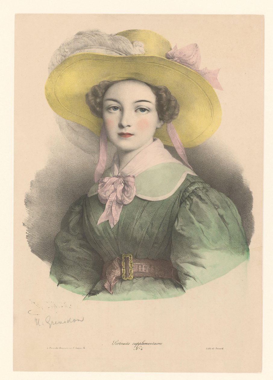 Ritratto di una giovane donna con cappello con piuma e fiocco da Henri Grevedon