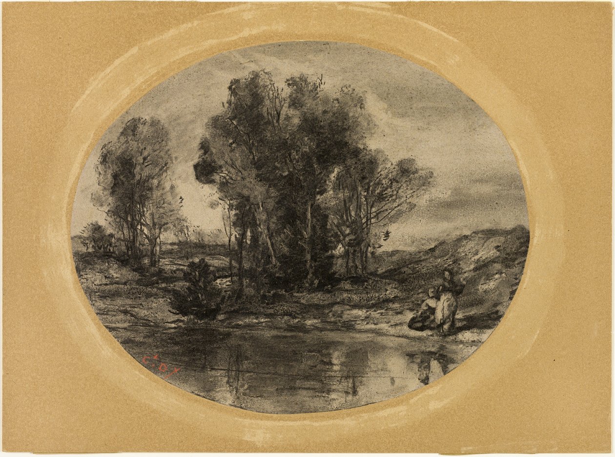 Figure vicino a uno stagno da Henri Joseph Constant Dutilleux
