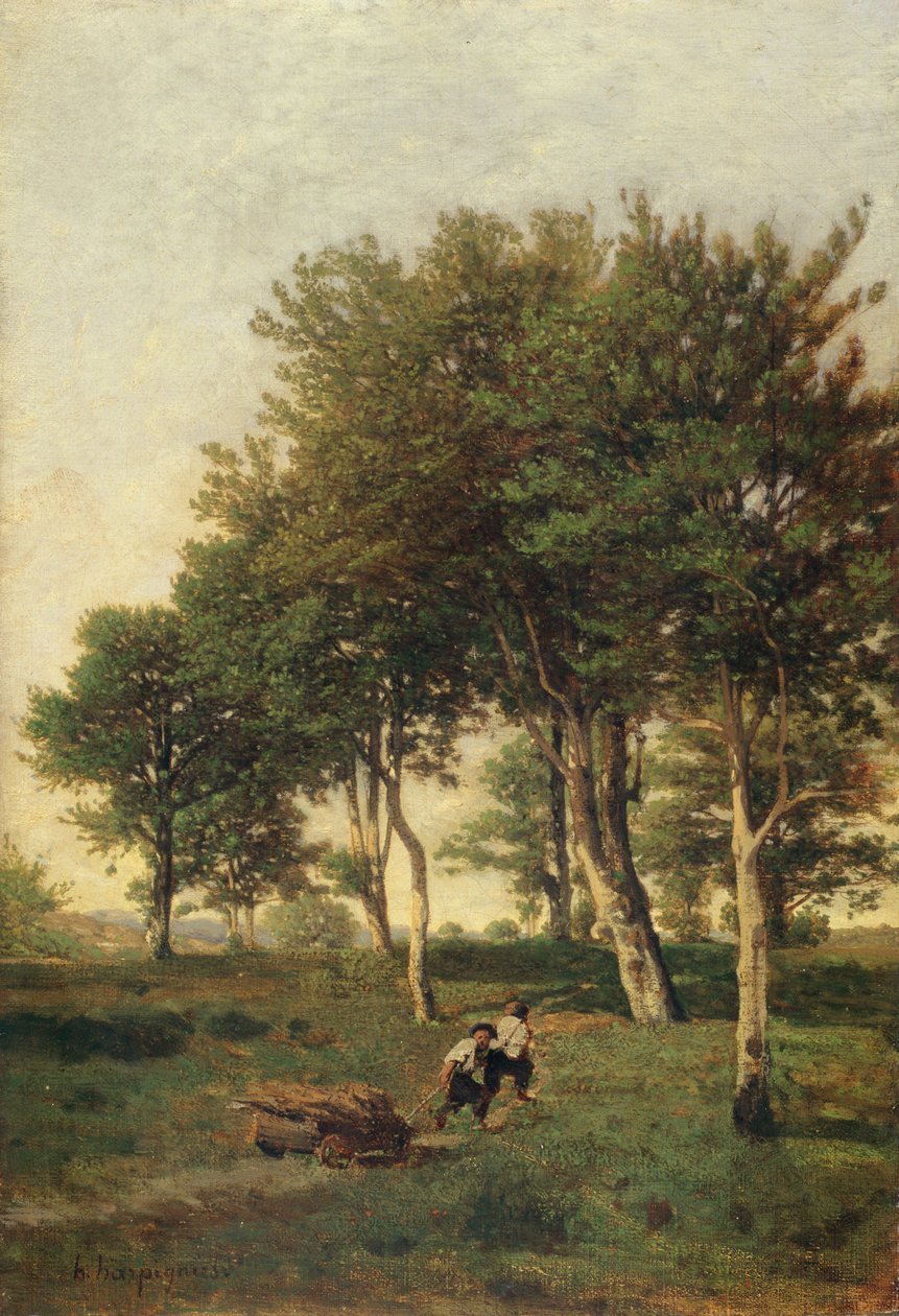 Paesaggio con due ragazzi che portano legna da ardere da Henri Joseph Harpignies