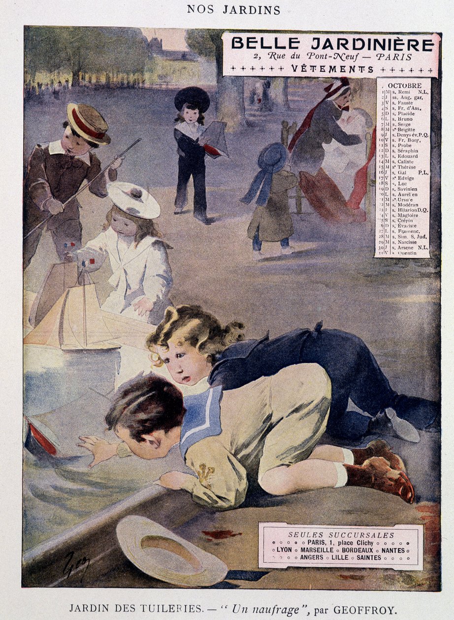 Bambini che giocano con le barche al Giardino delle Tuileries di Jean Geoffroy (1853-1924), calendario 