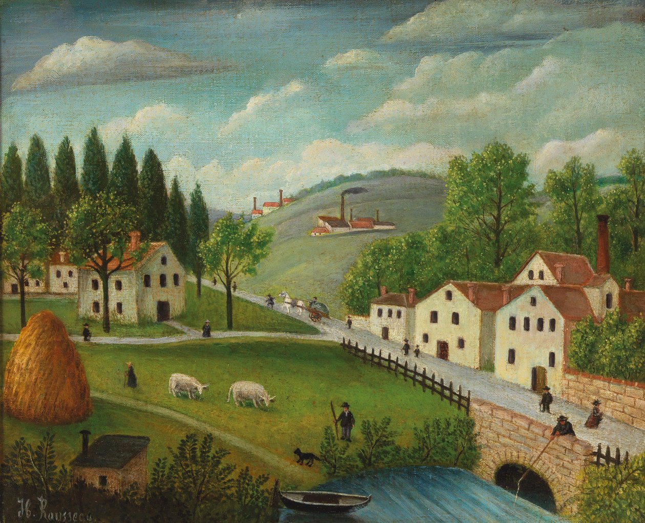 Paesaggio pastorale con ruscello, pescatore e passeggiatori, ca 1877-1880 da Henri Julien Félix Rousseau