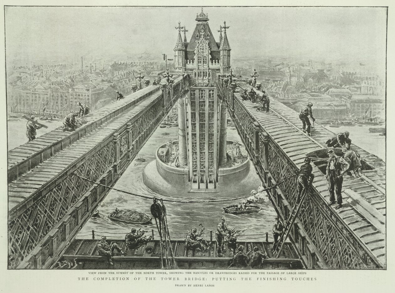 Il completamento del Tower Bridge: gli ultimi ritocchi, da The Graphic, 23 giugno 1894 (incisione) da Henri Lanos