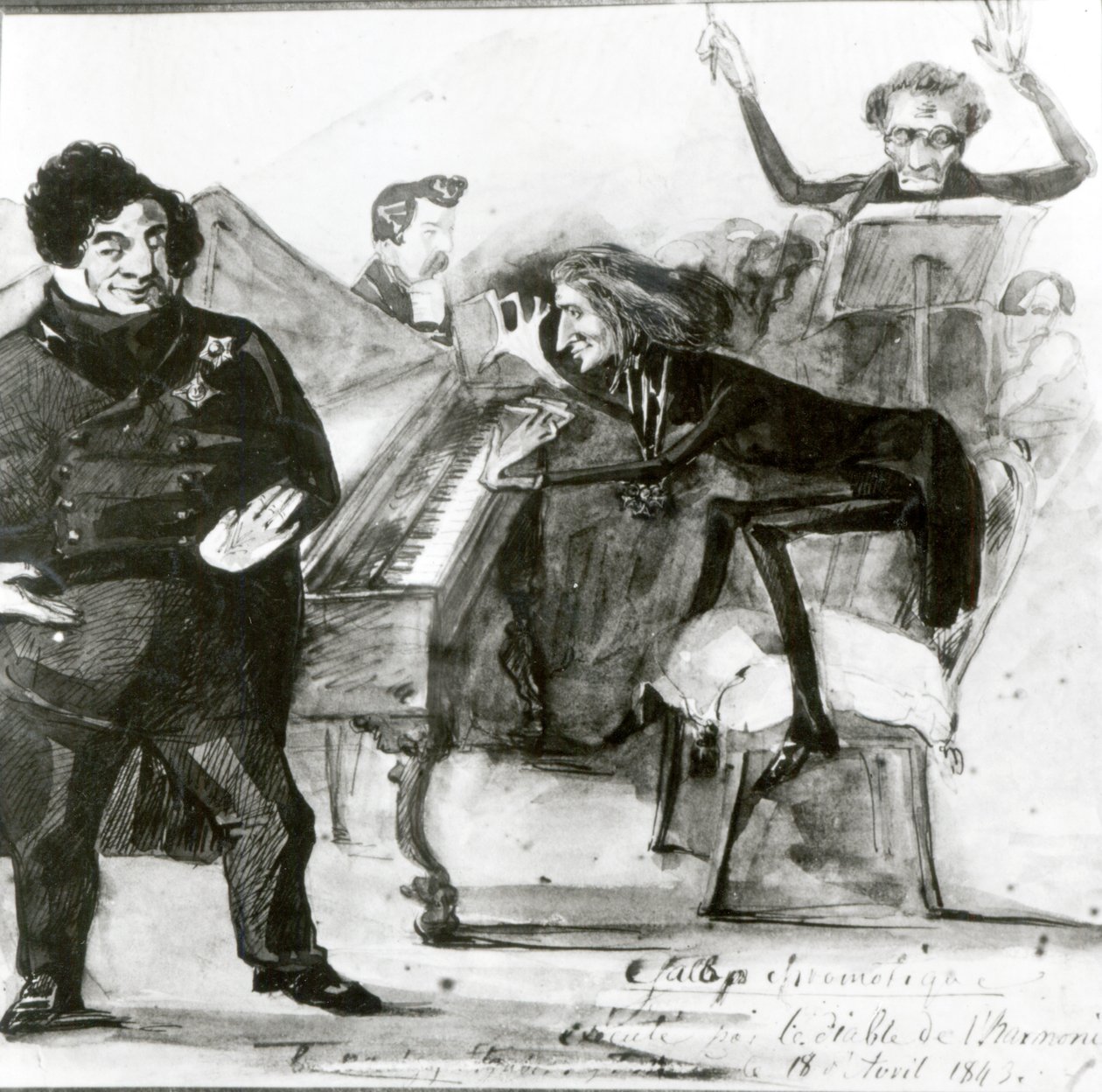 Galop Chromatique Caricatura di Luigi Lablache, Franz Liszt (1811-86) al pianoforte e Francois Habeneck da Henri Lehmann