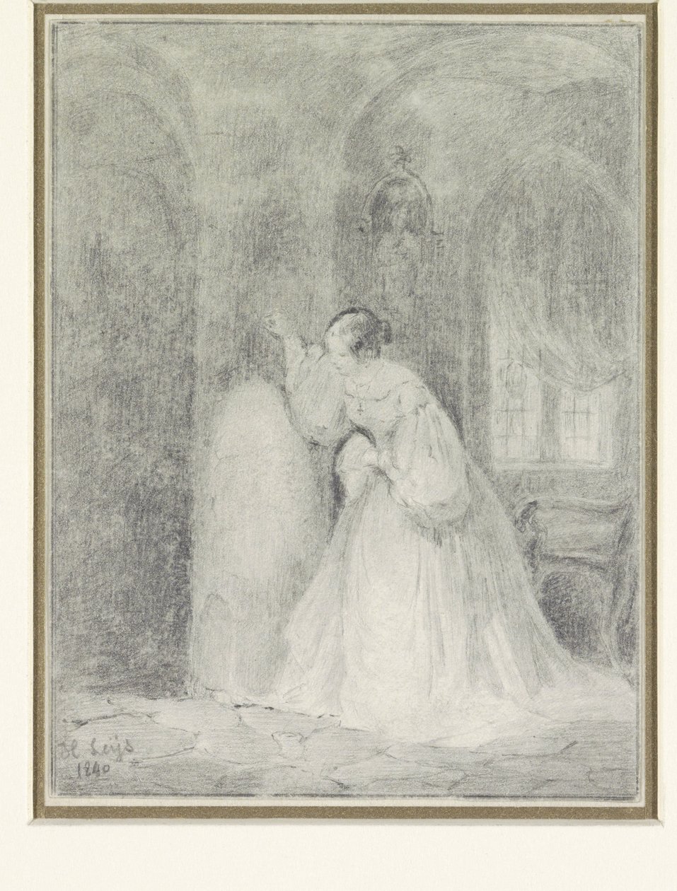 Interno con giovane donna appoggiata a una colonna da Henri Leys (baron)