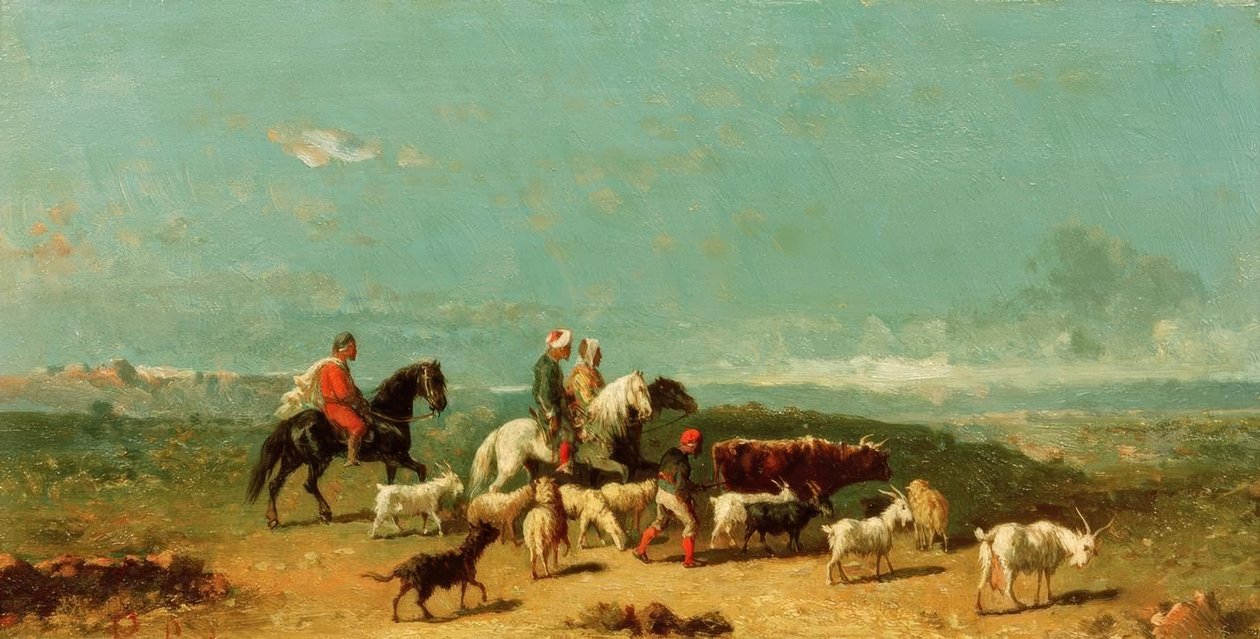 Gruppo di cavalieri arabi con un pastore di capre in un ampio paesaggio da Henri Lucien Robert