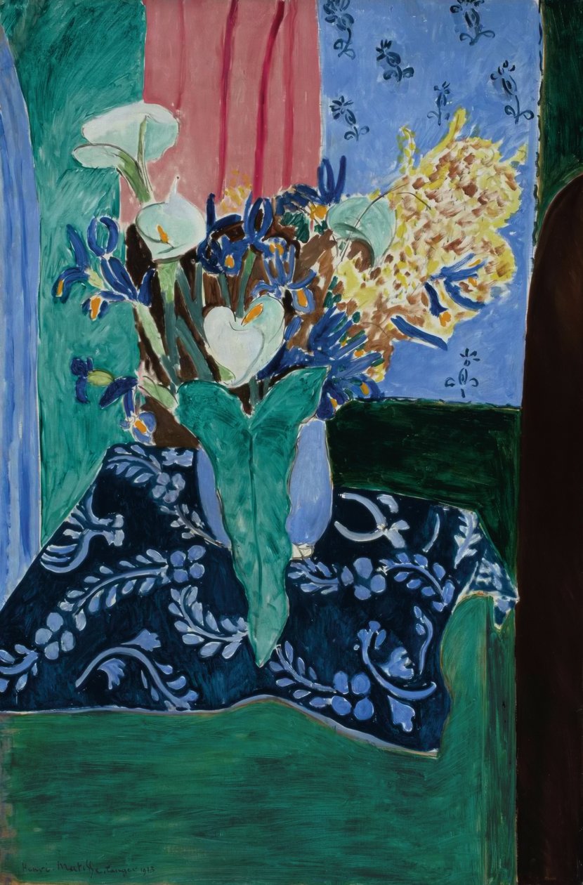 Arum, Iris e Mimosa (Fiori in un vaso blu su una tovaglia blu) da Henri Matisse