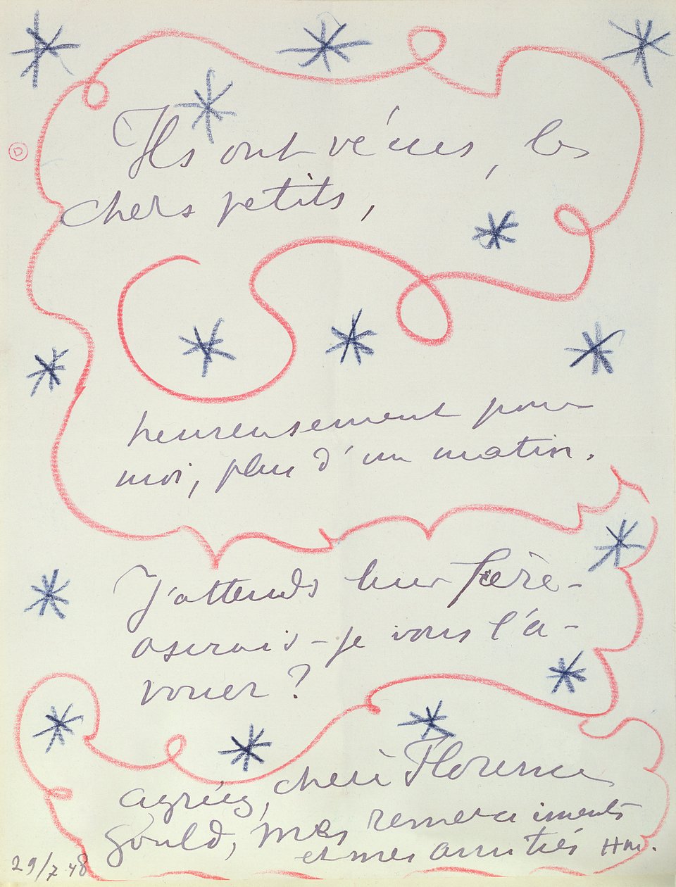Lettera del pittore a Florence Gould (nata nel 1895), 29 luglio 1948 (penna e pastello su carta) da Henri Matisse