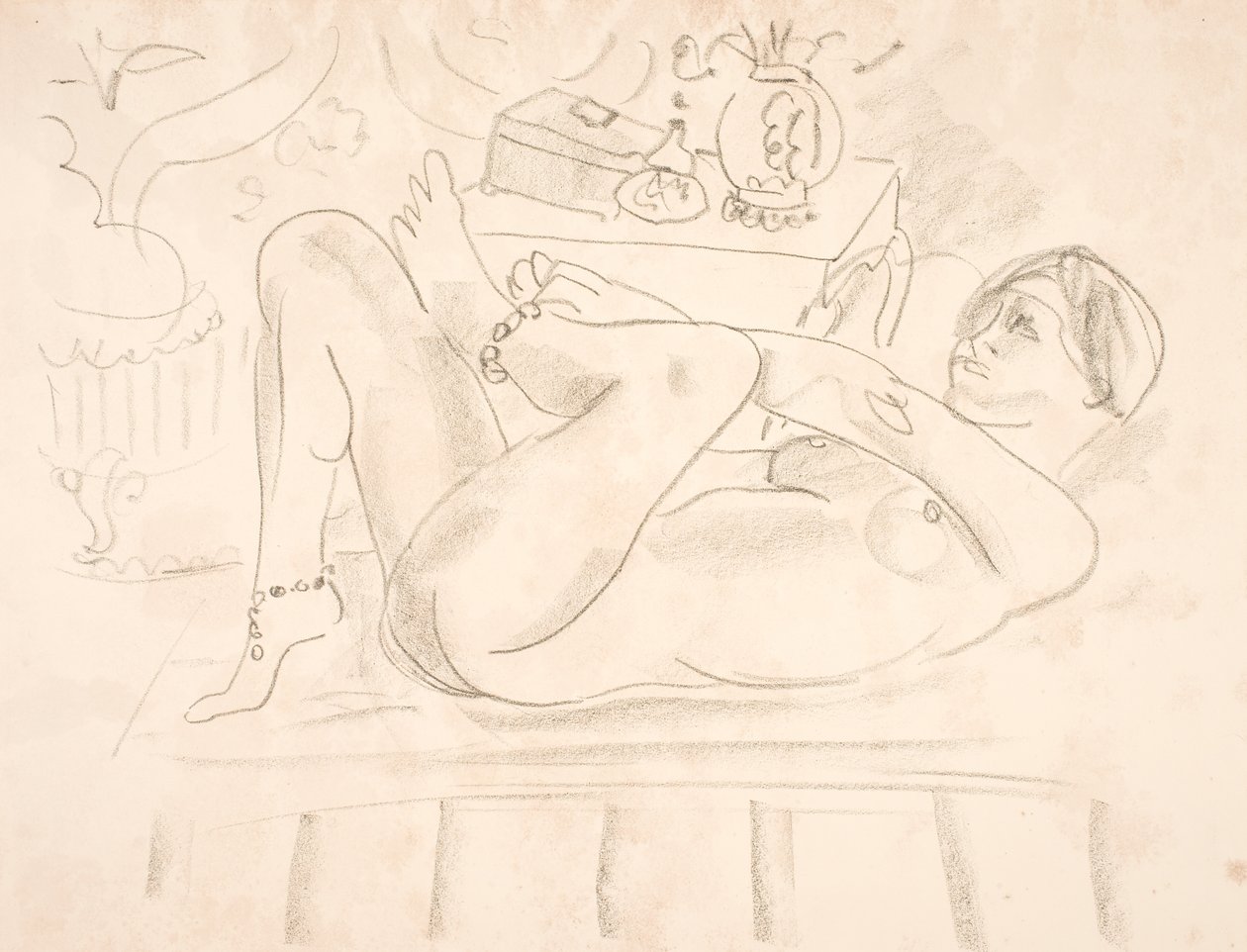Donna nuda, sdraiata sulla schiena e con collane di perle alle caviglie (odalisca) da Henri Matisse