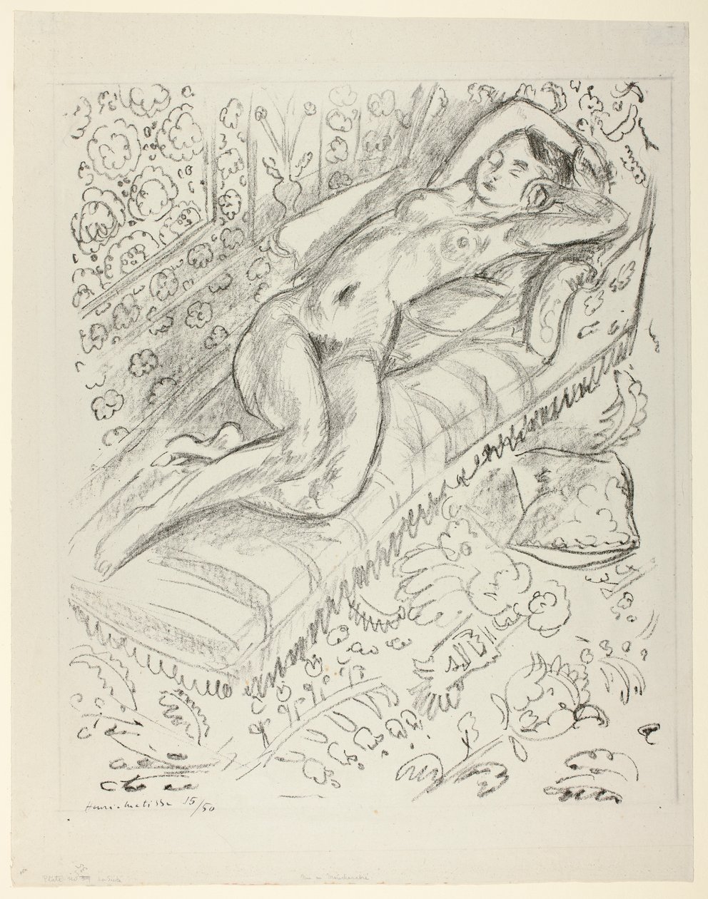 Nudo disteso su una chaise longue con sfondo di mashrabiya da Henri Matisse