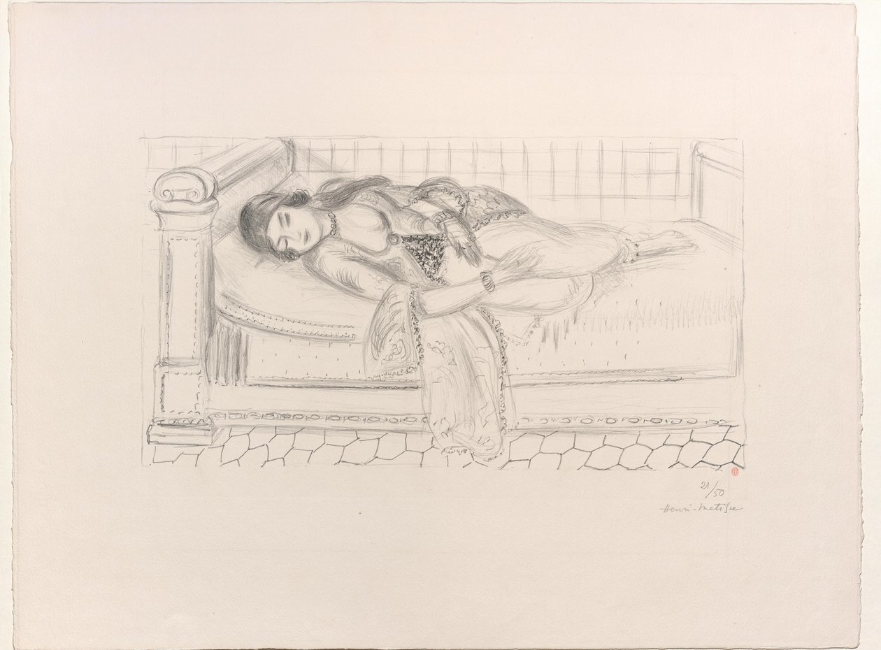 Orientale su un lettino, pavimento piastrellato di rosso da Henri Matisse