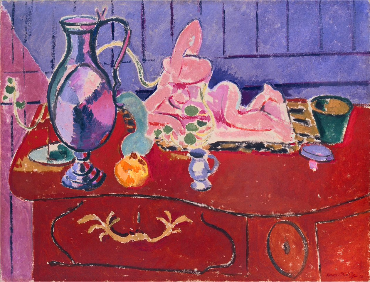 Statuetta e brocca rosa su cassettone rosso da Henri Matisse