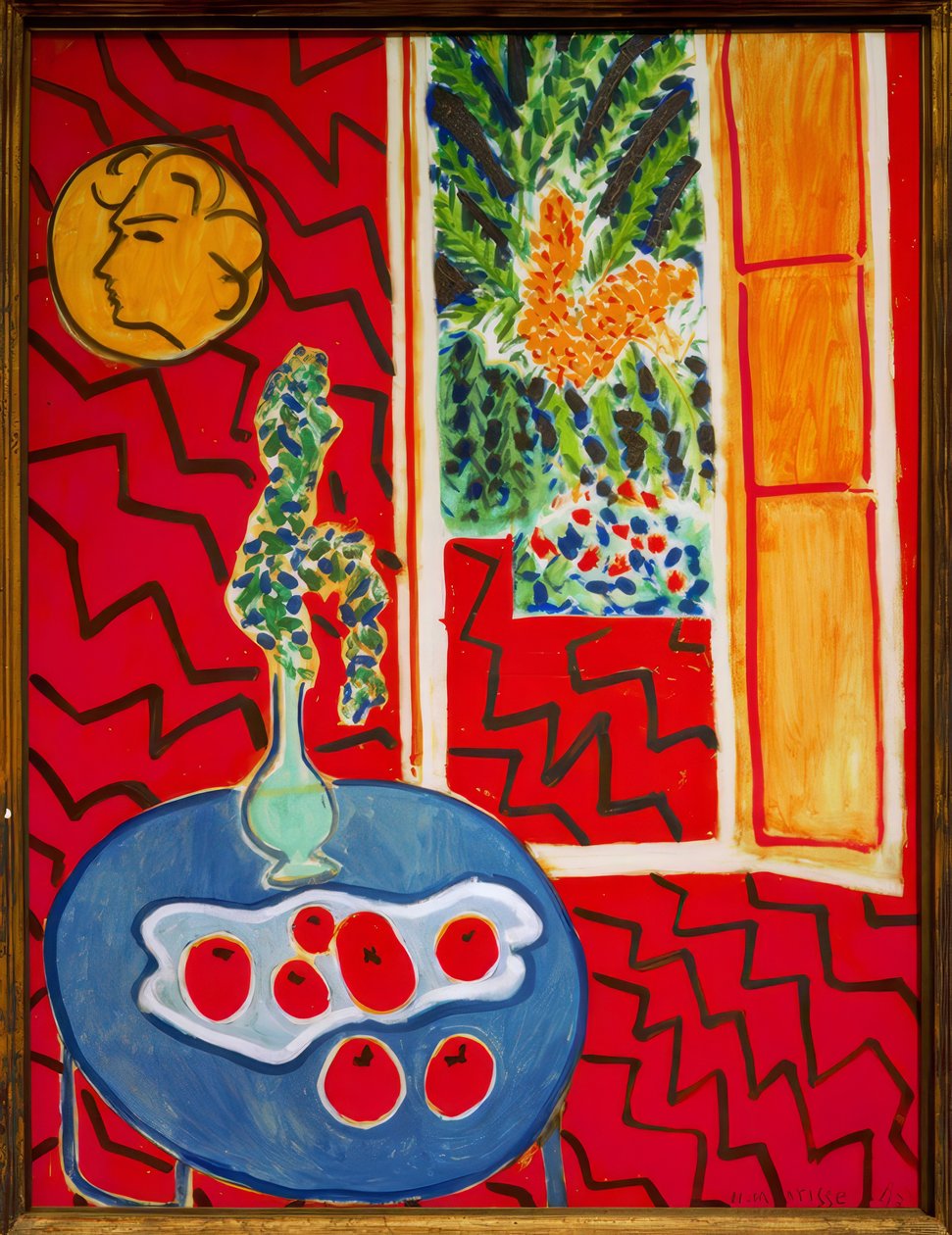 Interno rosso, natura morta su tavolo blu da Henri Matisse