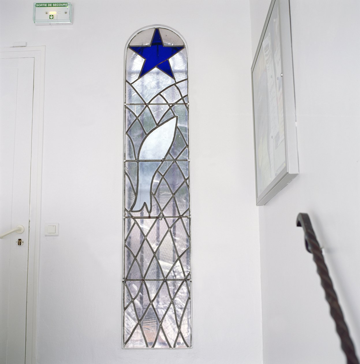 Vetrata raffigurante un pesce impigliato in una rete sotto la Stella della Salvezza, dalla scalinata che conduce alla Cappella del Rosario da Henri Matisse