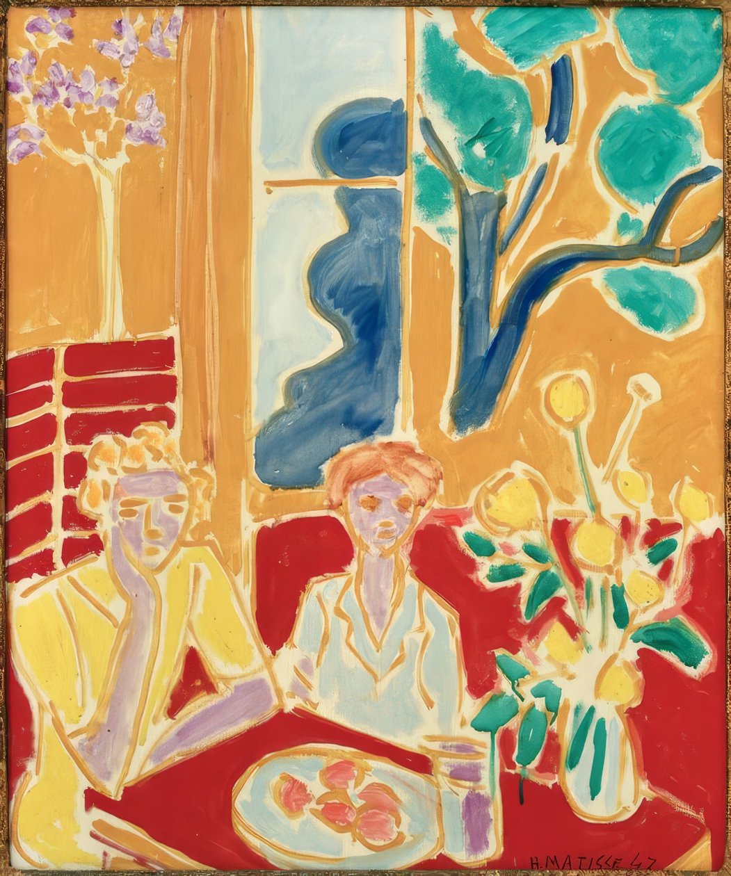 Due giovani ragazze su sfondo giallo e rosso da Henri Matisse