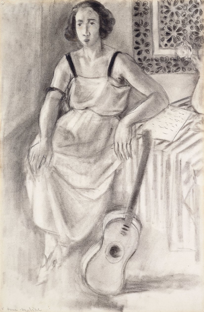 Donna seduta con chitarra, 1921-23 circa (carboncino su carta) da Henri Matisse