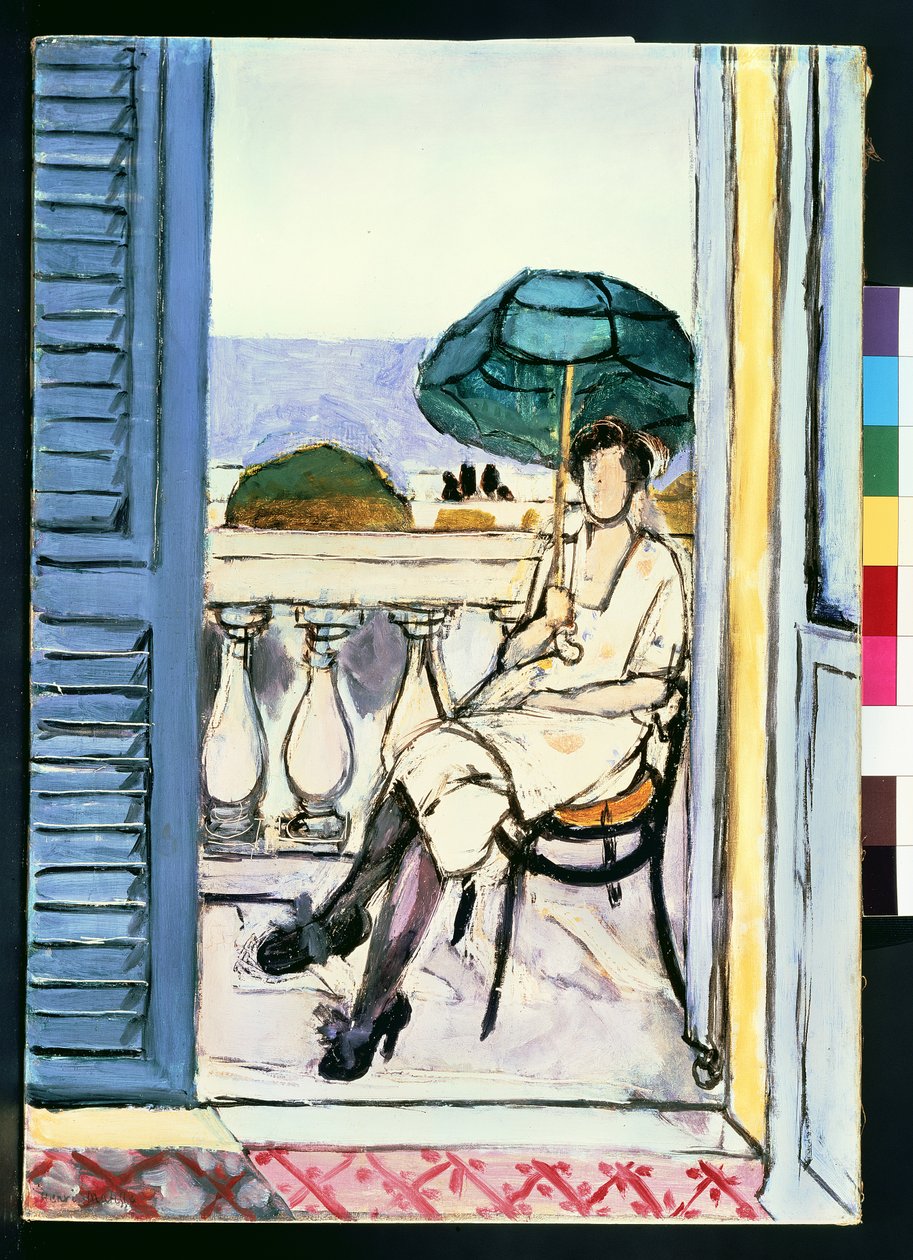 Donna con ombrellone verde su un balcone da Henri Matisse