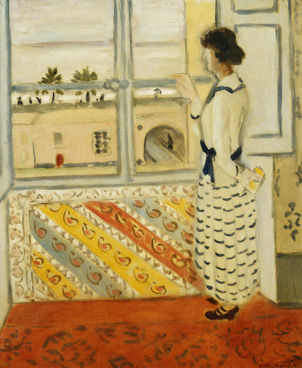 Giovane donna alla finestra, abito a righe blu da Henri Matisse