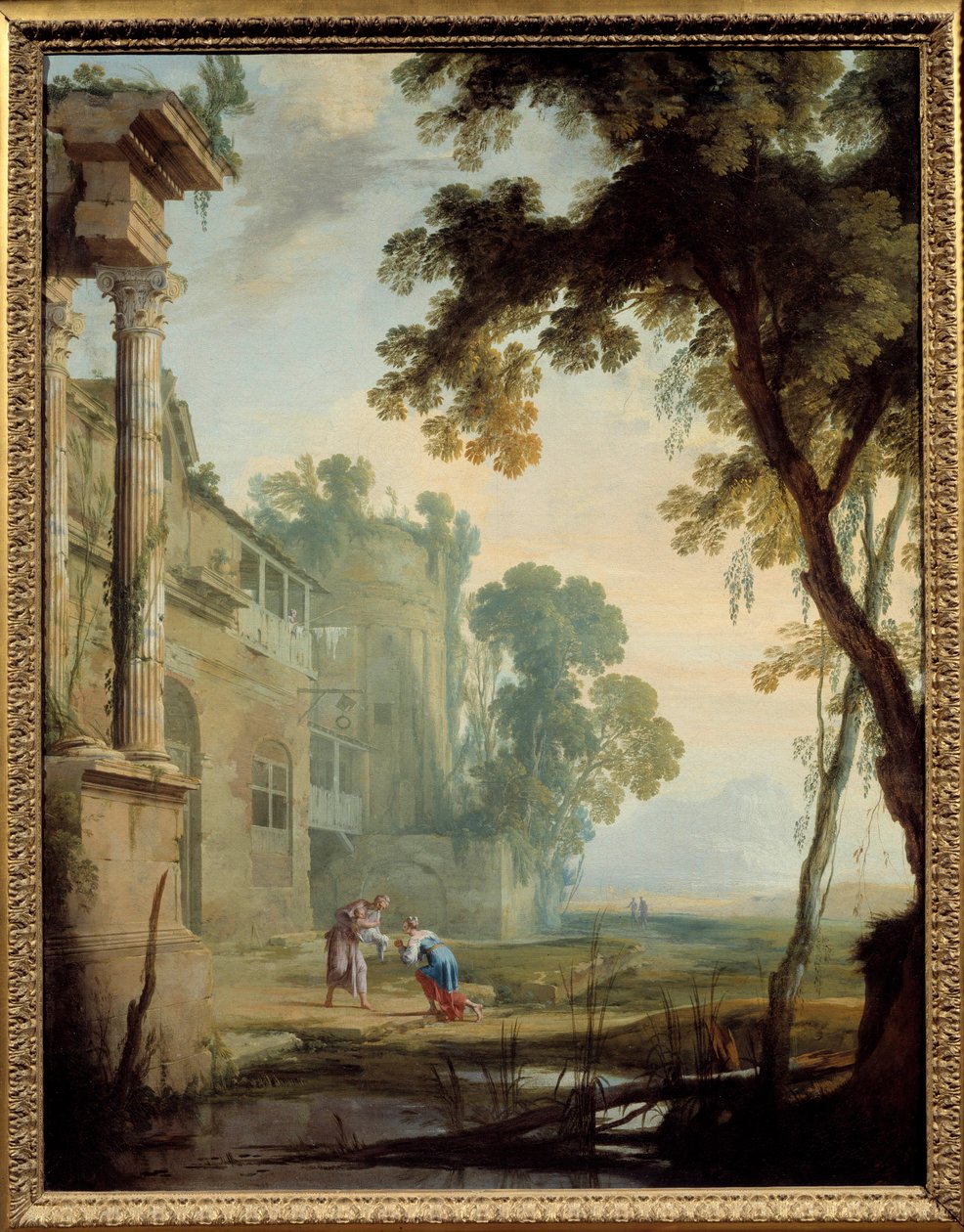Paesaggio con una donna, un vecchio e un bambino in un paesaggio di rovine romane con stagno da Henri Mauperche