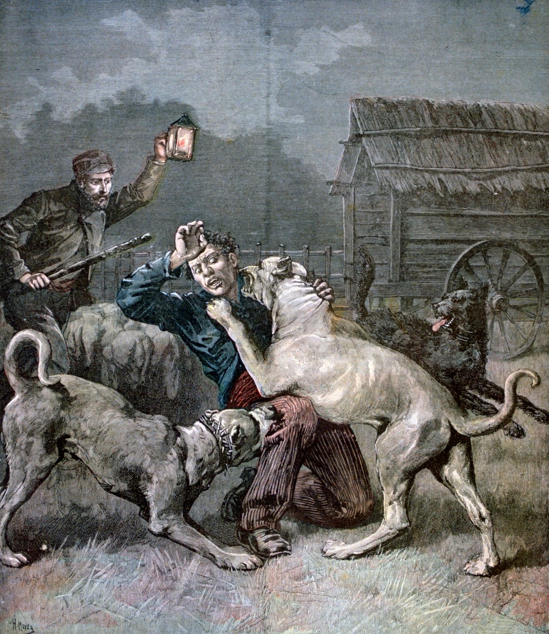 Un criminale attaccato da tre grossi cani, 1891 da Henri Meyer