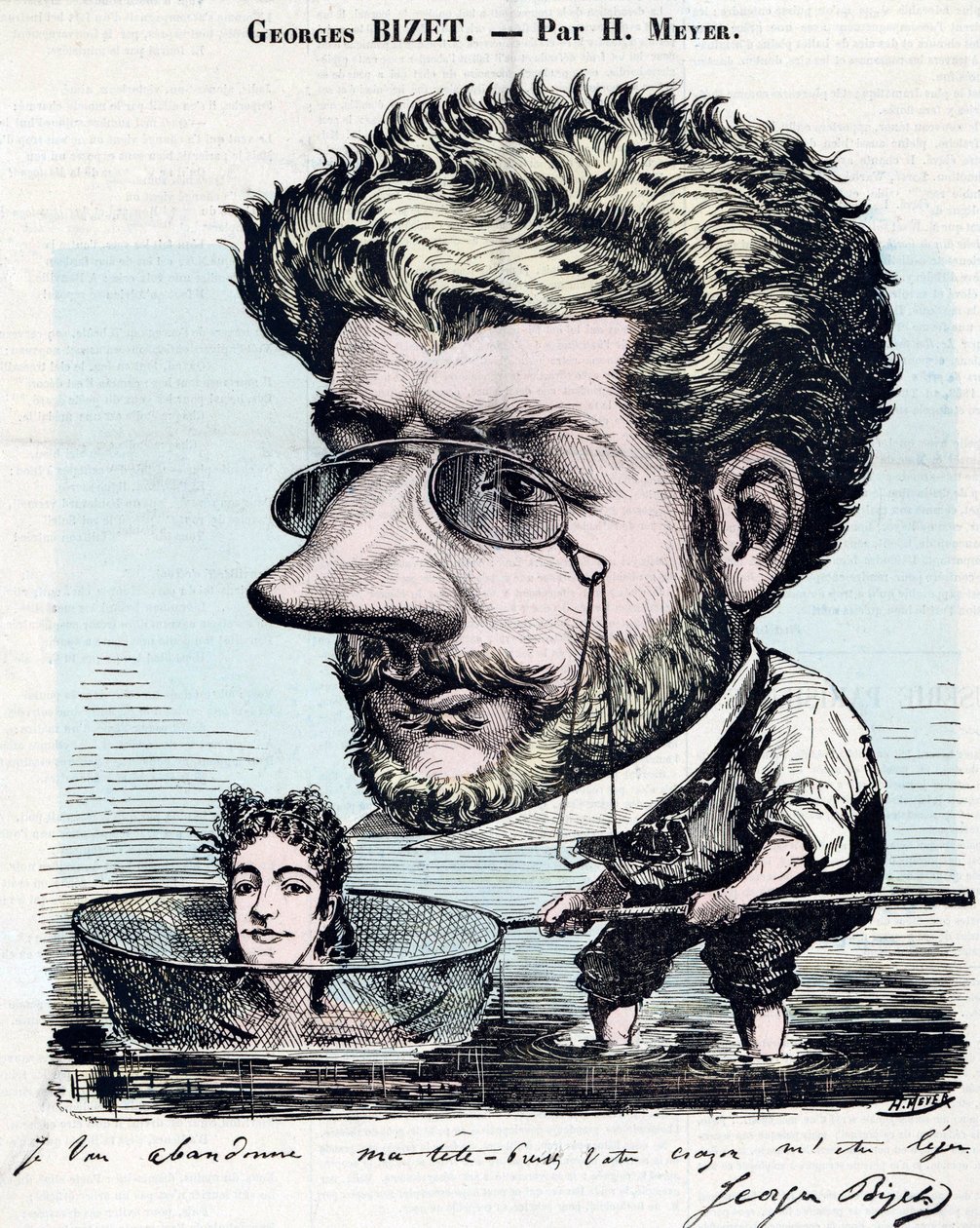 Georges Bizet (1838-1875), compositore francese - Caricatura, con un autografo di Bizet, di Henri Meyer detto Reyem (1844-1899) per "Diogene" da Henri Meyer