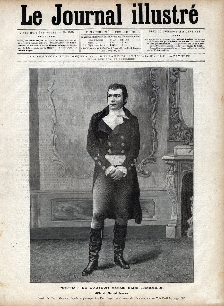Ritratto di Leon Marais (1853-1891) in "Thermidor" di Victorian Sardou nel ruolo di Martial Hugon - Disegno di Henri Meyer, incisione di Navellier in "The Illustrous Diary" del 1891 da Henri Meyer