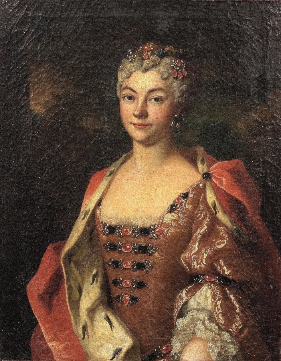 Ritratto di una nobildonna, a mezzo busto, con abito rosa e veste bordata di ermellino da Henri Millot