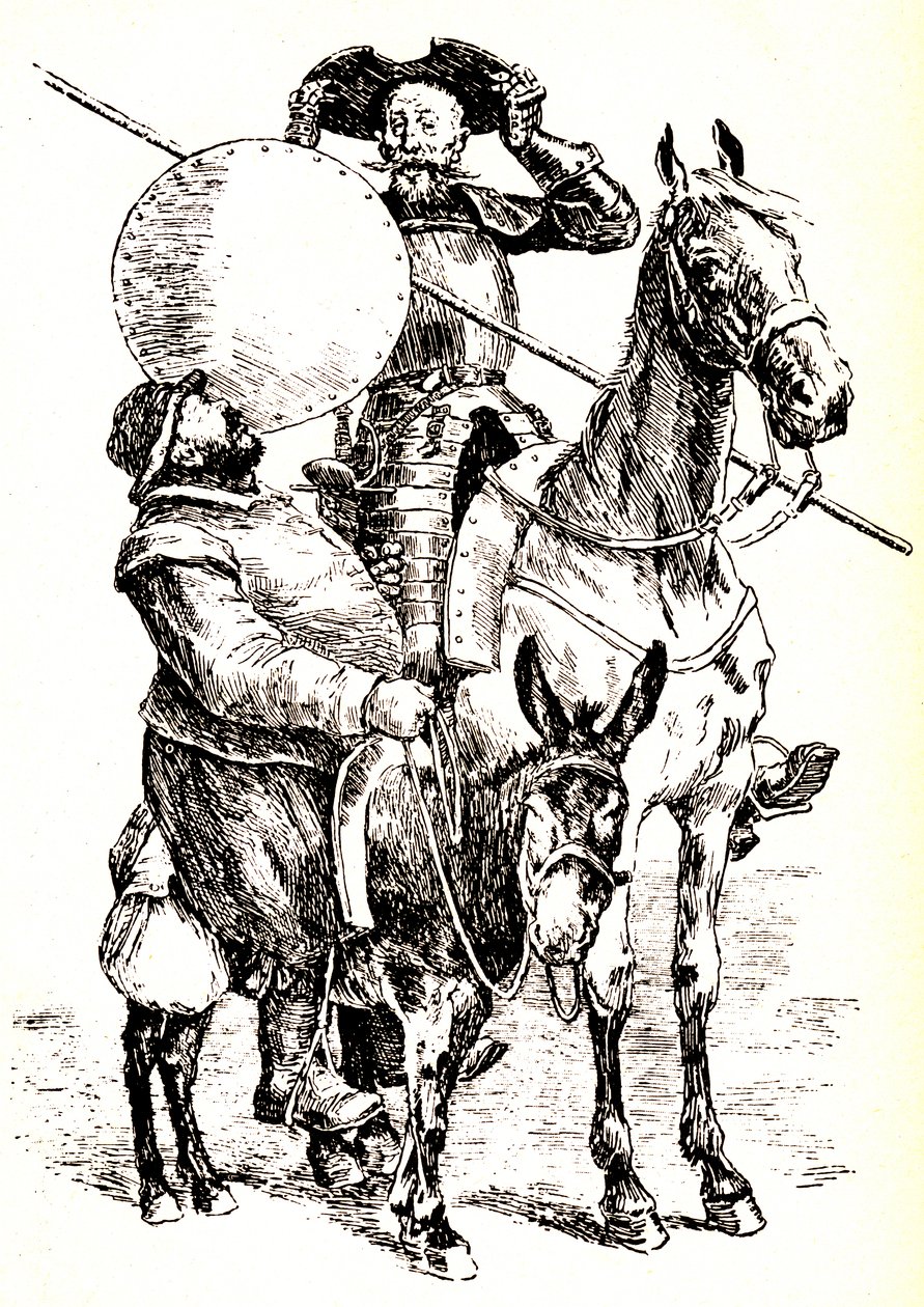 Don Chisciotte sul suo cavallo, accanto a Sancho sul suo asino da Henri Pille