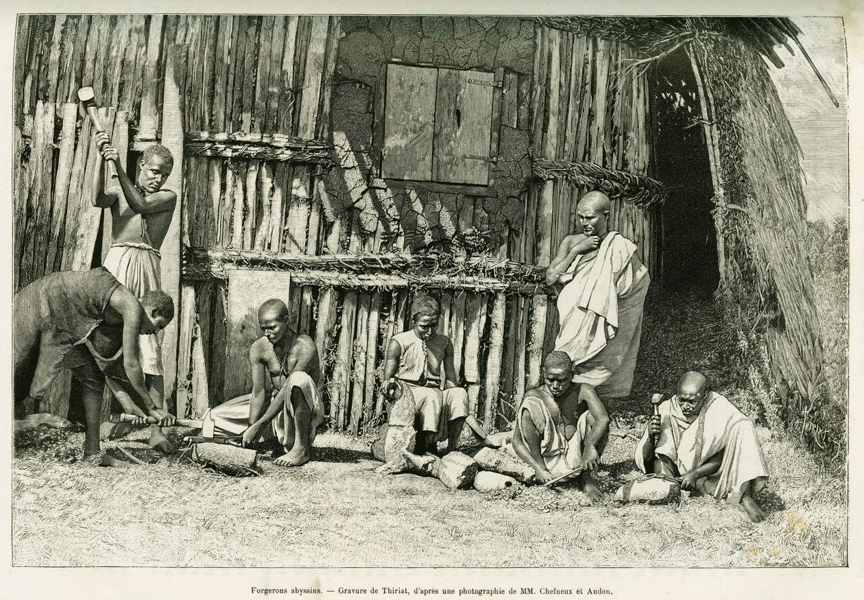 Fabbri abissini. Incisione di Thiriat, da una fotografia, per illustrare il racconto Viaggio nel Choa (Abissinia meridionale) da Henri Thiriat