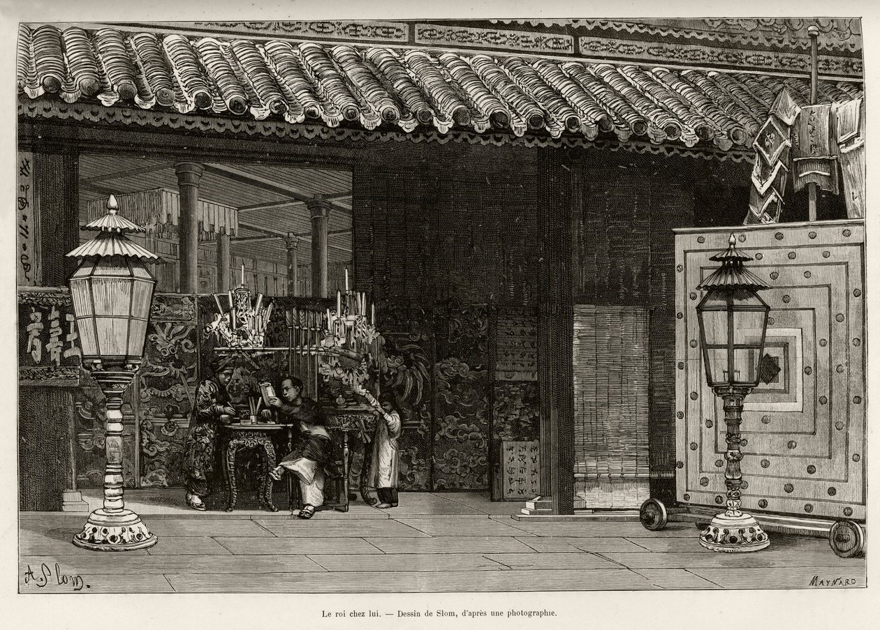 Re Dong Khanh, Imperatore di Annam, nella città imperiale di Hue (Vietnam). Incisione di Thiriat, per illustrare la storia Trente mois au Tonkin di Dr. Charles Edouard Hocquard, in Le tour du monde, nouveau journal des voyages, sotto la direzione di Edouar da Henri Thiriat