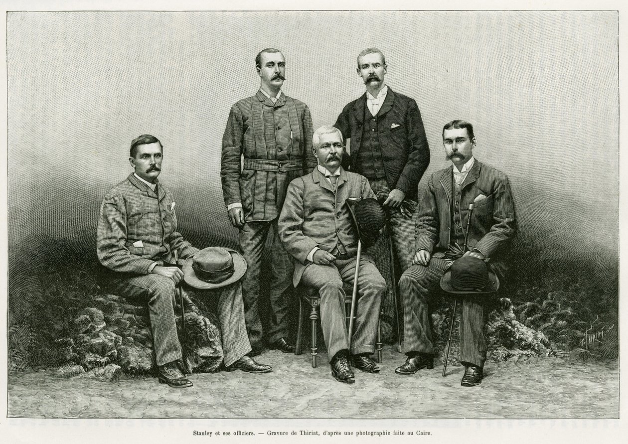 Ritratto di Henry Morton Stanley (John Rowlands 1841-1904) circondato dai suoi ufficiali: Dr. Thomas Heazle Parke (1857-93), Robert H. Nelson, William G. Stairs e Arthur J. M. Jephson (incisione) da Henri Thiriat