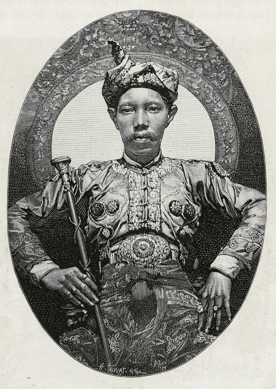 Ritratto di Mohammed Yamalul Alam, sultano di Soulou (o Sulu) (Filippine), nel 1880. Incisione di Thiriat, per illustrare la storia 