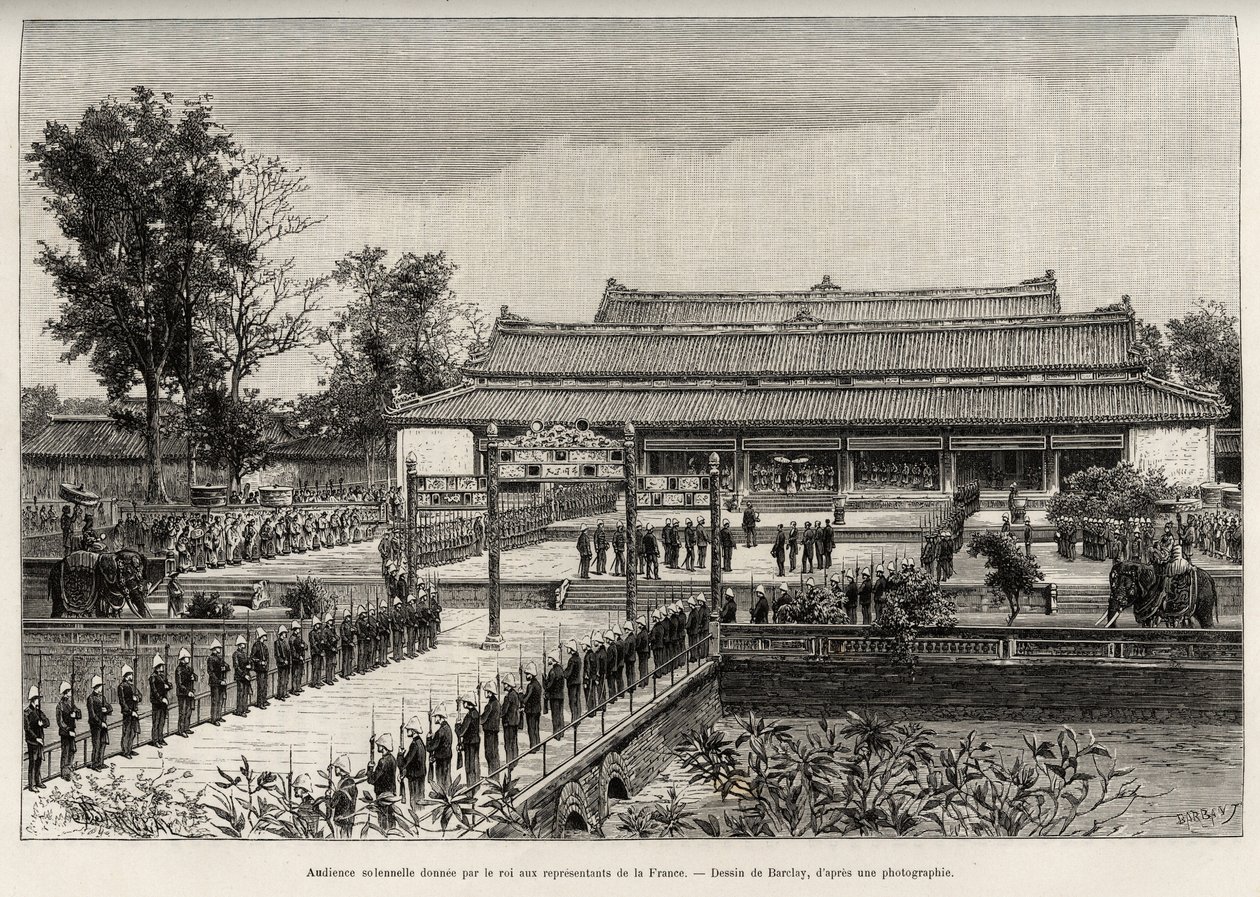 Udienza solenne data dal re Dong Khanh (1864-1889) imperatore di Annam ai rappresentanti della Francia nella città imperiale di Hue (Vietnam). Incisione di Thiriat, per illustrare la storia 