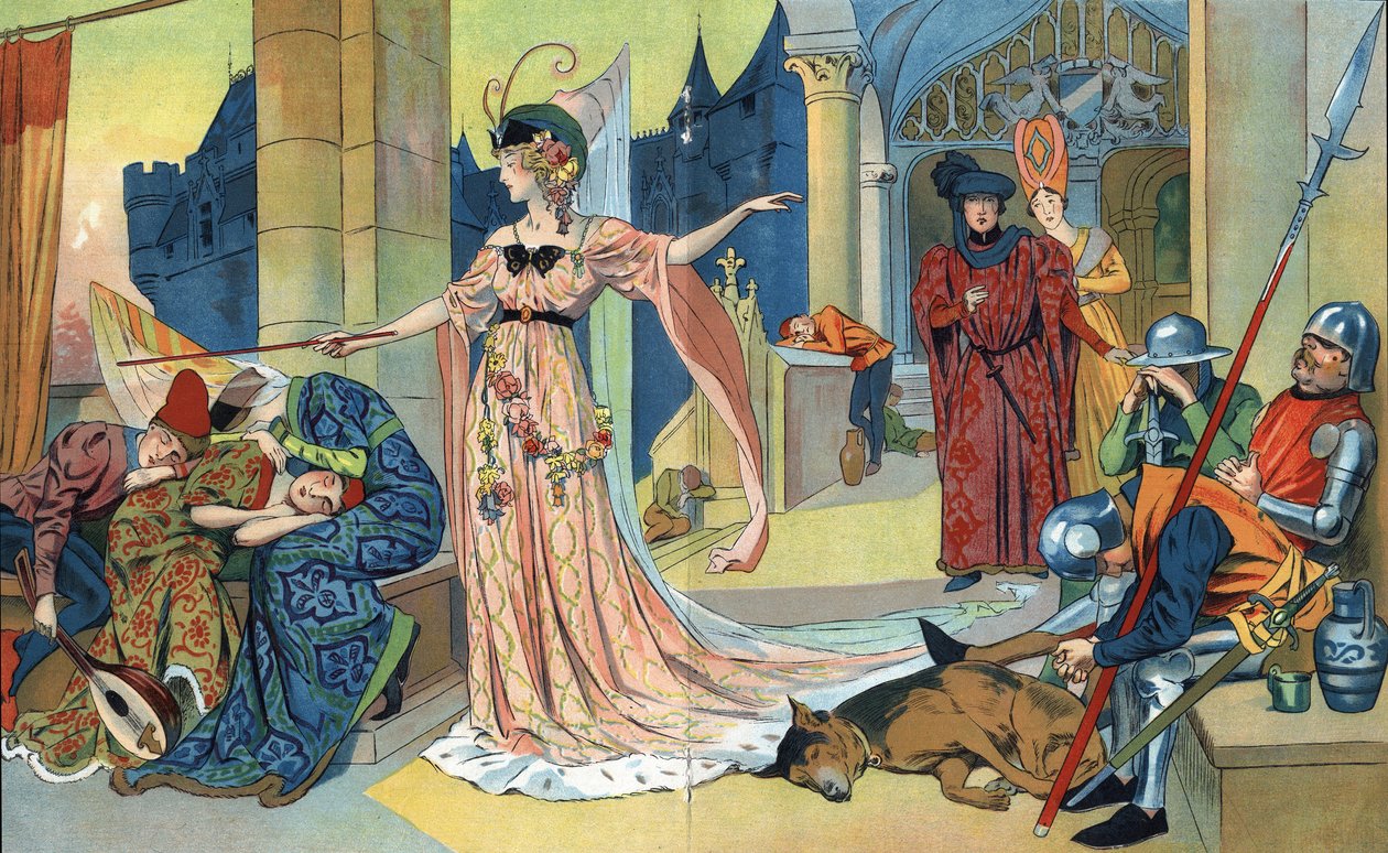 La fata incanta gli abitanti del castello con la sua bacchetta magica per tenerli addormentati come la principessa. La bella addormentata, racconto di Charles Perrault (1628-1703) Illustrato da Henri Thiriet (1873-1946). Circa 1930 da Henri Thiriet