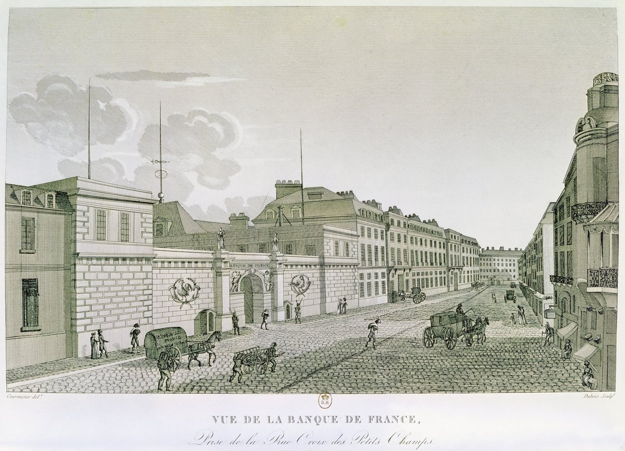 La Banca di Francia da Rue Croix-Petits-Champs, inciso da Eugène Dubois, 1800 da Henri after Courvoisier Voisin
