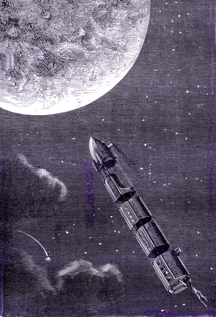 Treno di proiettili sparati da un cannone gigante verso la Luna, "Dalla Terra alla Luna" di Jules Verne da Henri de Montaut