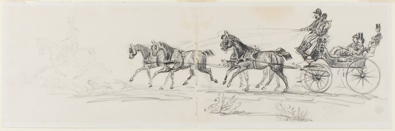 Carrozza trainata da cavalli preceduta da un singolo cavaliere (recto); Uomo a cavallo con una coperta e schizzi di teste, cavalli e arco trionfale (verso) da Henri de Toulouse-Lautrec