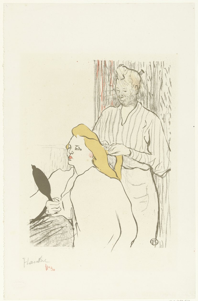 Parrucchiere pettina i capelli di una donna seduta con specchio in mano da Henri de Toulouse Lautrec (signed by artist)